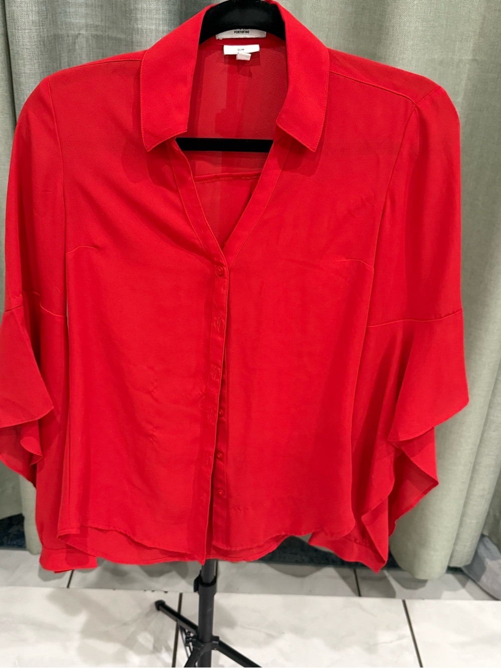 Express Red Button-Front Blouse with Draped Sleeves